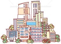 A busy city of tall buildings and trees